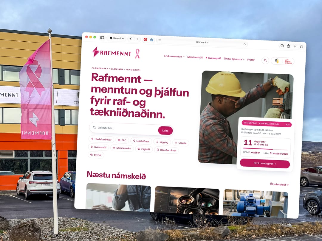 Bleiki fáninn við Stórhöfða og vefur Rafmenntar í bleikum búningi.